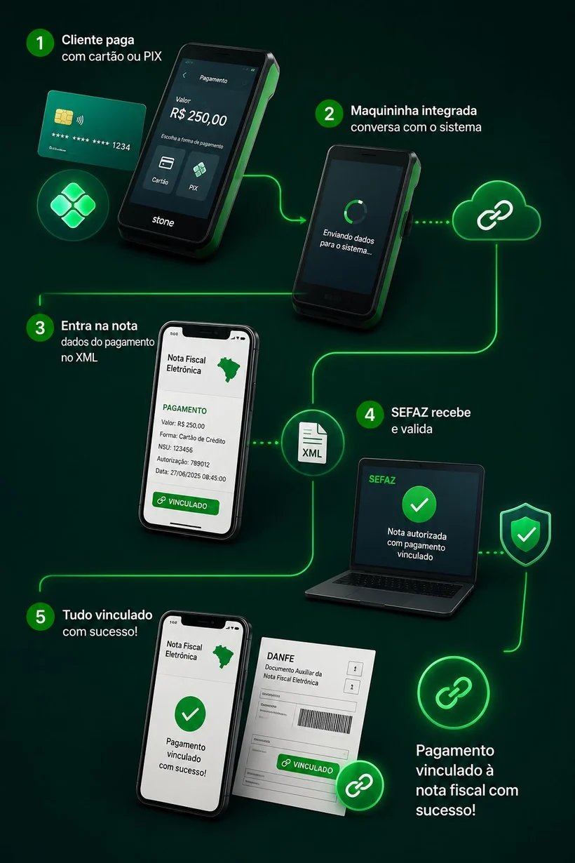 Como funciona: cliente paga (cartao ou PIX), maquininha integrada, entra na nota (XML), SEFAZ valida e tudo vinculado com sucesso